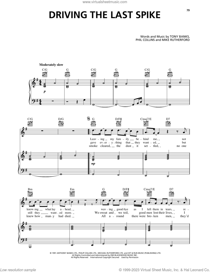 Driving The Last Spike sheet music for voice, piano or guitar by Genesis, Mike Rutherford, Phil Collins and Tony Banks, intermediate skill level