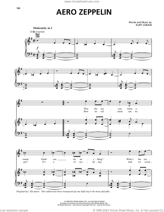 Aero Zeppelin sheet music for voice, piano or guitar by Nirvana and Kurt Cobain, intermediate skill level