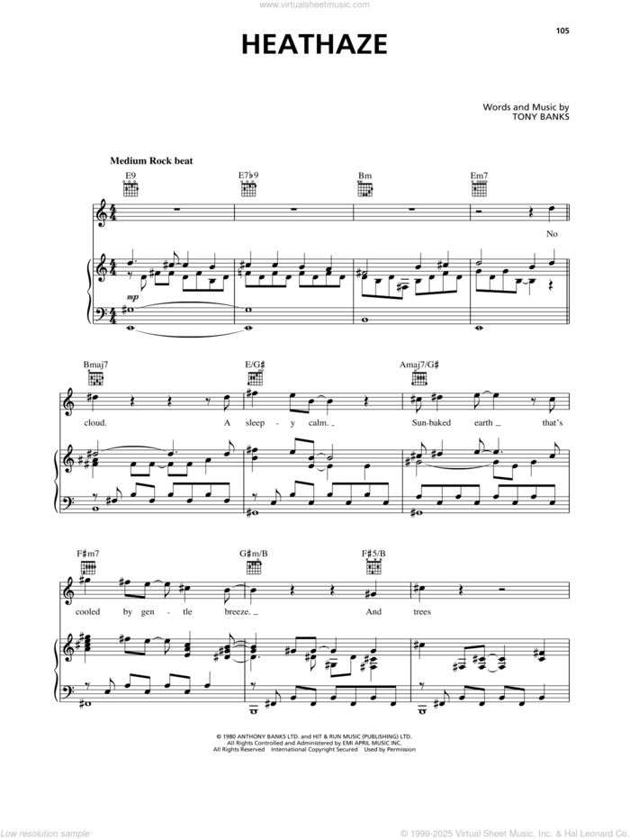 Heathaze sheet music for voice, piano or guitar by Genesis and Tony Banks, intermediate skill level