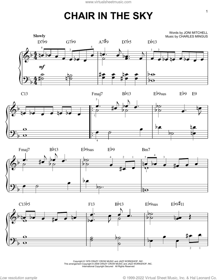 Chair In The Sky sheet music for piano solo by Mingus Dynasty, Charles Mingus and Joni Mitchell, easy skill level