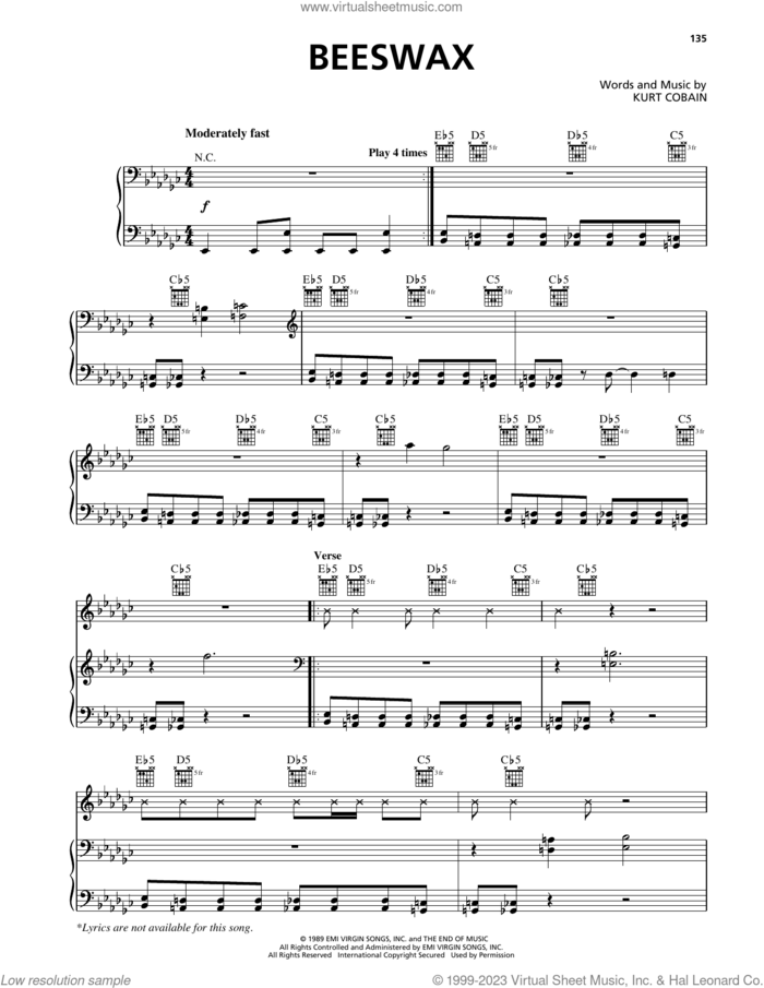 Beeswax sheet music for voice, piano or guitar by Nirvana and Kurt Cobain, intermediate skill level