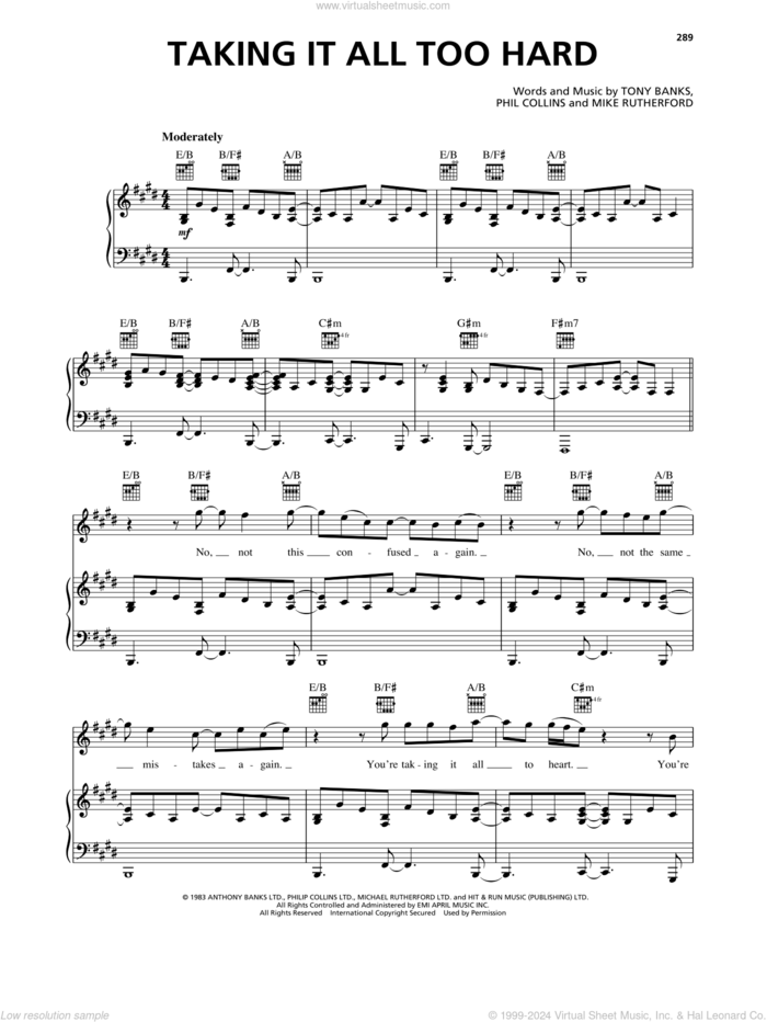 Taking It All Too Hard sheet music for voice, piano or guitar by Genesis, Mike Rutherford, Phil Collins and Tony Banks, intermediate skill level