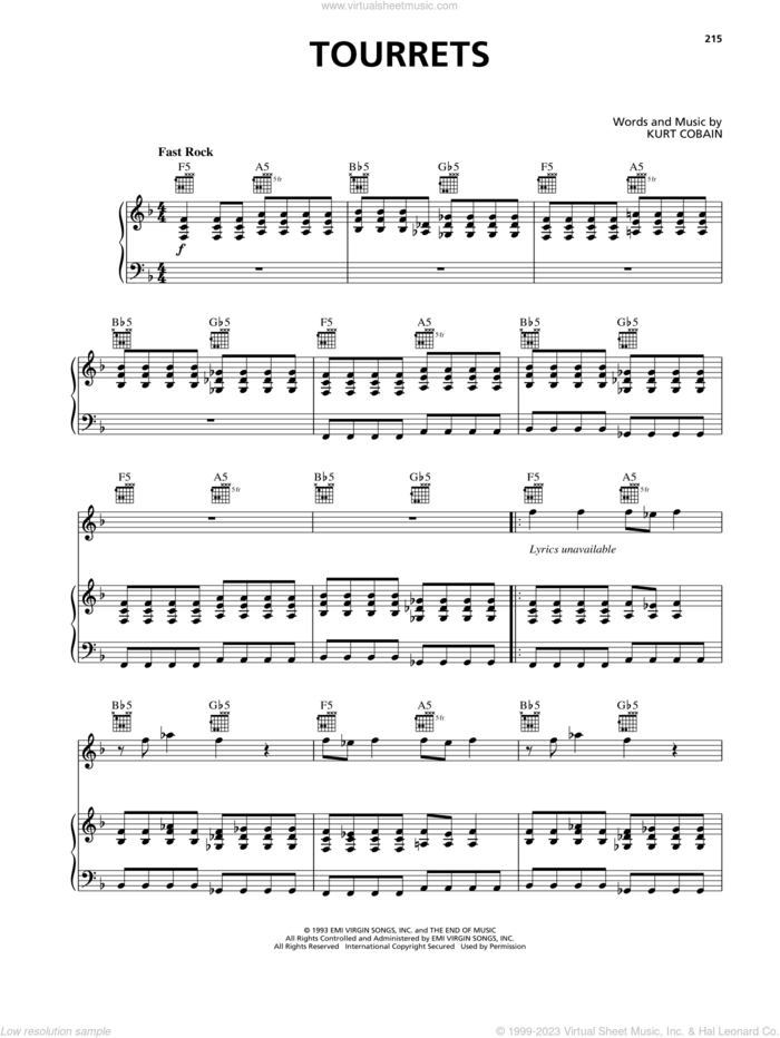Tourette's sheet music for voice, piano or guitar by Nirvana and Kurt Cobain, intermediate skill level