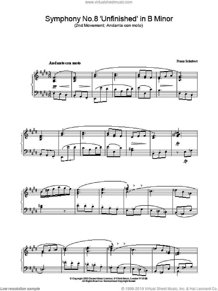Symphony No.8 'Unfinished' in B Minor - 2nd Movement: Andante con moto sheet music for piano solo by Franz Schubert, classical score, intermediate skill level