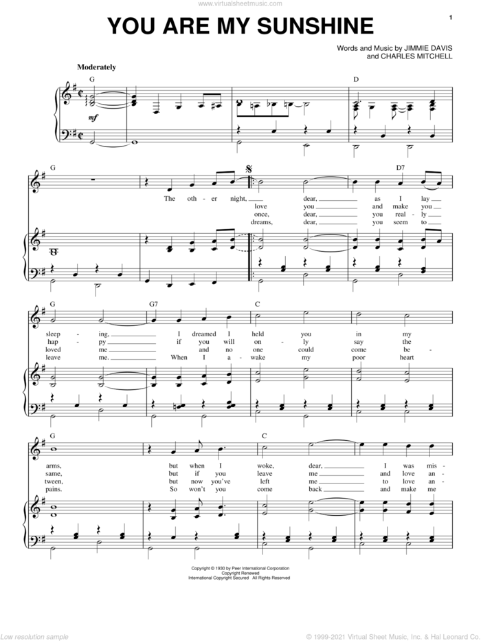 You Are My Sunshine sheet music for voice and piano by Norman Blake, O Brother, Where Art Thou? (Movie), Charles Mitchell and Jimmie Davis, intermediate skill level