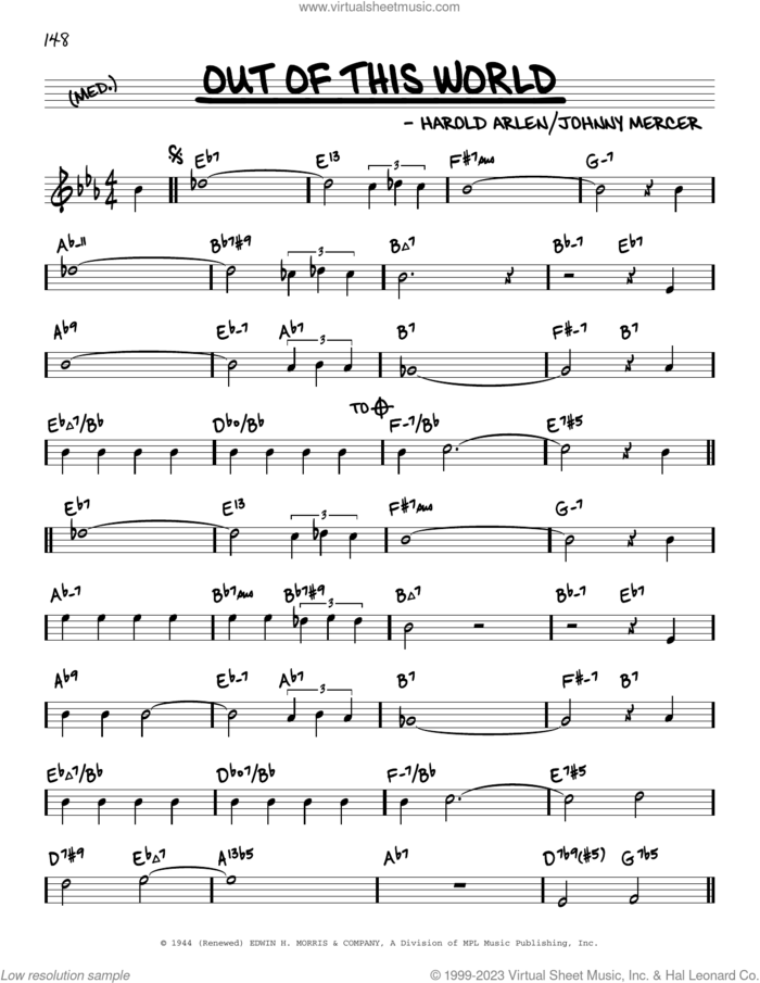 Out Of This World (arr. David Hazeltine) sheet music for voice and other instruments (real book) by Johnny Mercer, David Hazeltine and Harold Arlen, intermediate skill level