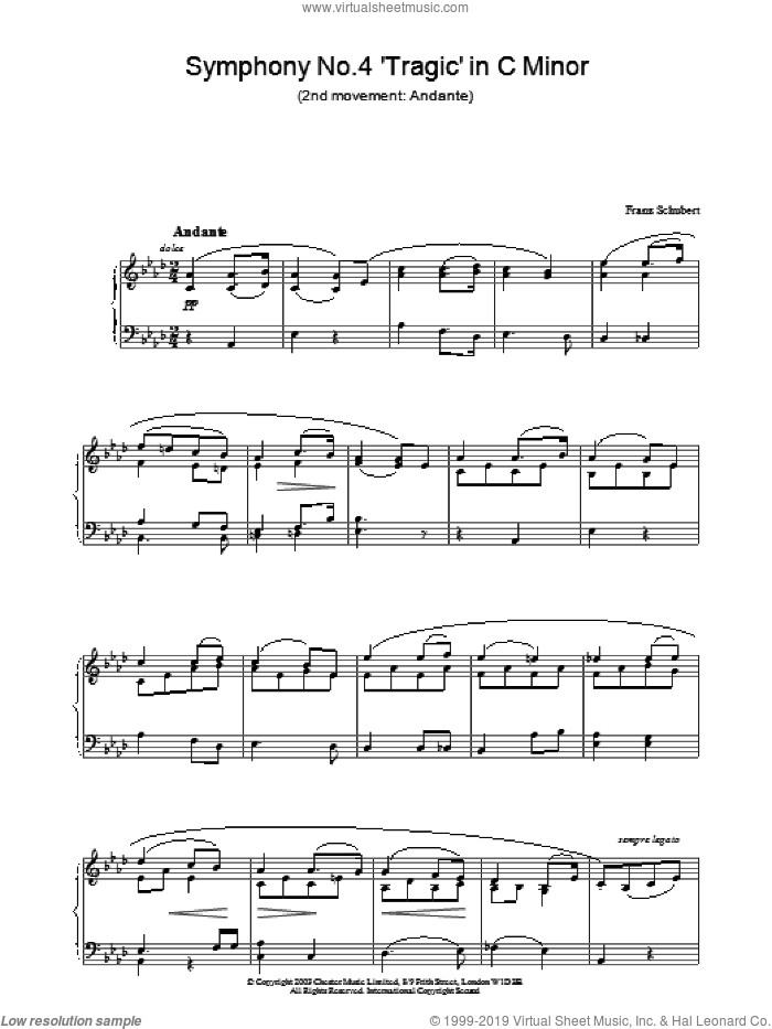 Symphony No.4 'Tragic' in C Minor - 2nd Movement: Andante sheet music for piano solo by Franz Schubert, classical score, intermediate skill level