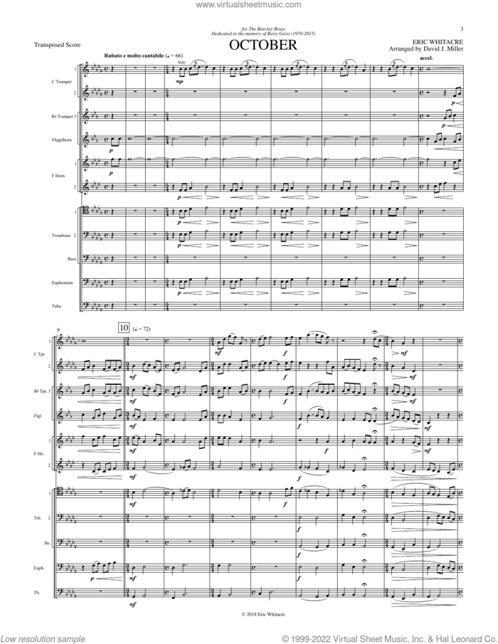 October (COMPLETE) sheet music for brass ensemble by Eric Whitacre and David J. Miller, classical score, intermediate skill level
