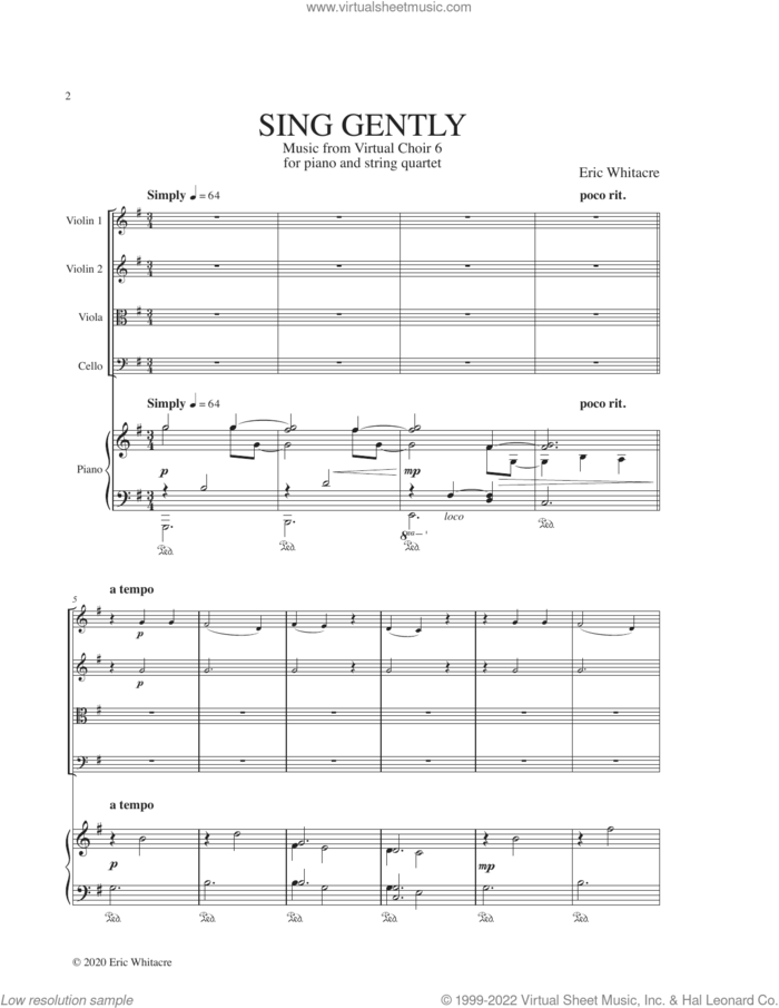 Sing Gently (for Piano Quintet) (COMPLETE) sheet music for string quartet (violin, viola, cello) by Eric Whitacre, classical score, intermediate skill level