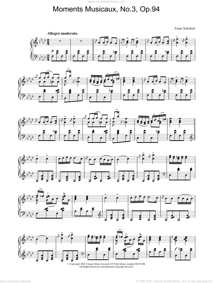 Moments Musicaux, No.3, Op.94 sheet music for piano solo by Franz Schubert, classical score, intermediate skill level