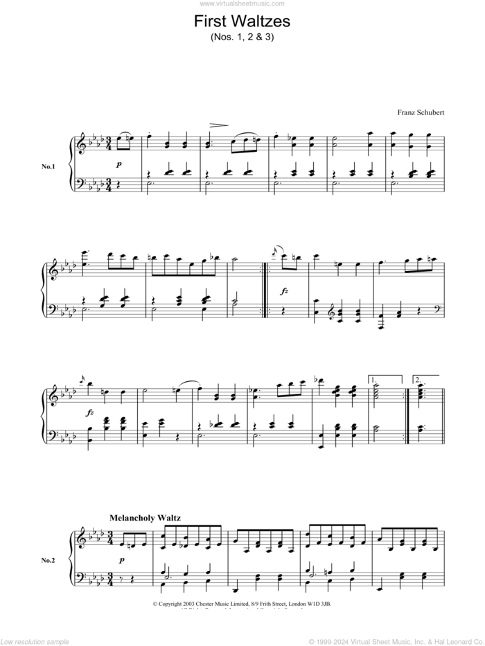 First Waltzes sheet music for piano solo by Franz Schubert, classical score, intermediate skill level