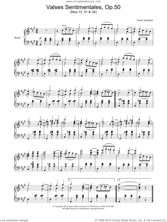 Valses Sentimentales, Op.50 sheet music for piano solo by Franz Schubert, classical score, intermediate skill level