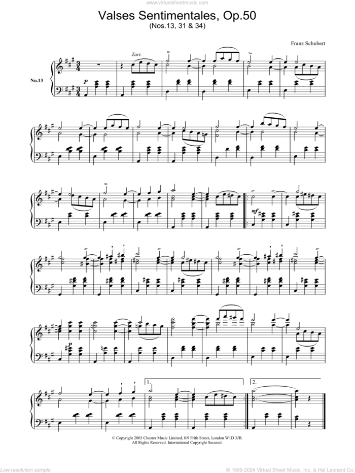 Valses Sentimentales, Op.50 sheet music for piano solo by Franz Schubert, classical score, intermediate skill level