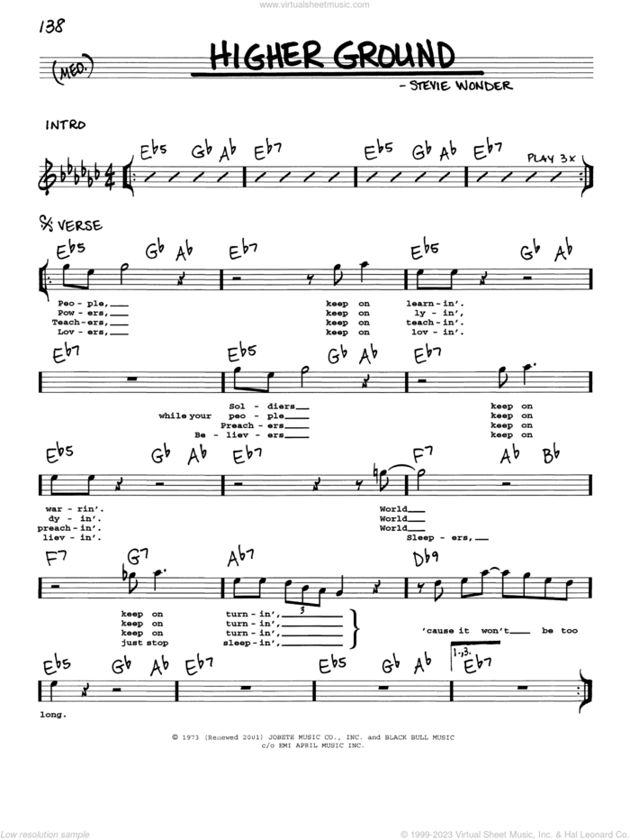 Higher Ground sheet music for voice and other instruments (real book with lyrics) by Stevie Wonder and Red Hot Chili Peppers, intermediate skill level