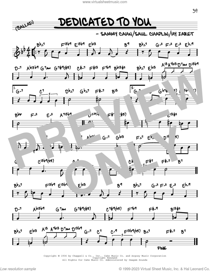 Dedicated To You (arr. David Hazeltine) sheet music for voice and other instruments (real book) by Sammy Cahn, David Hazeltine, Hy Zaret and Saul Chaplin, intermediate skill level