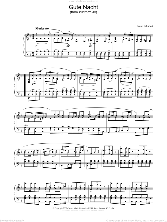 Gute Nacht sheet music for piano solo by Franz Schubert, classical score, intermediate skill level