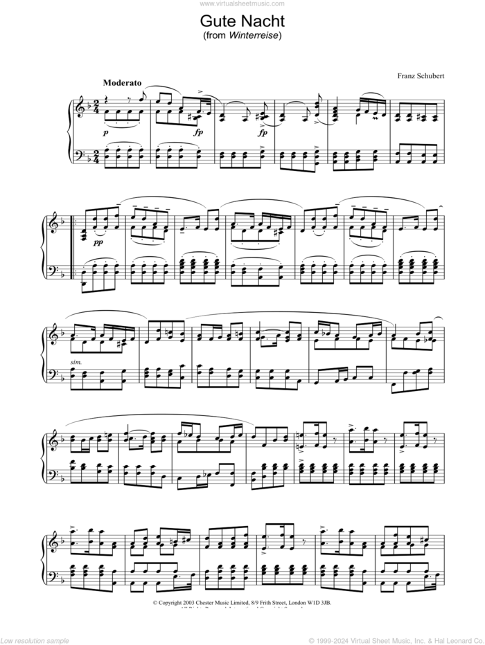 Gute Nacht sheet music for piano solo by Franz Schubert, classical score, intermediate skill level