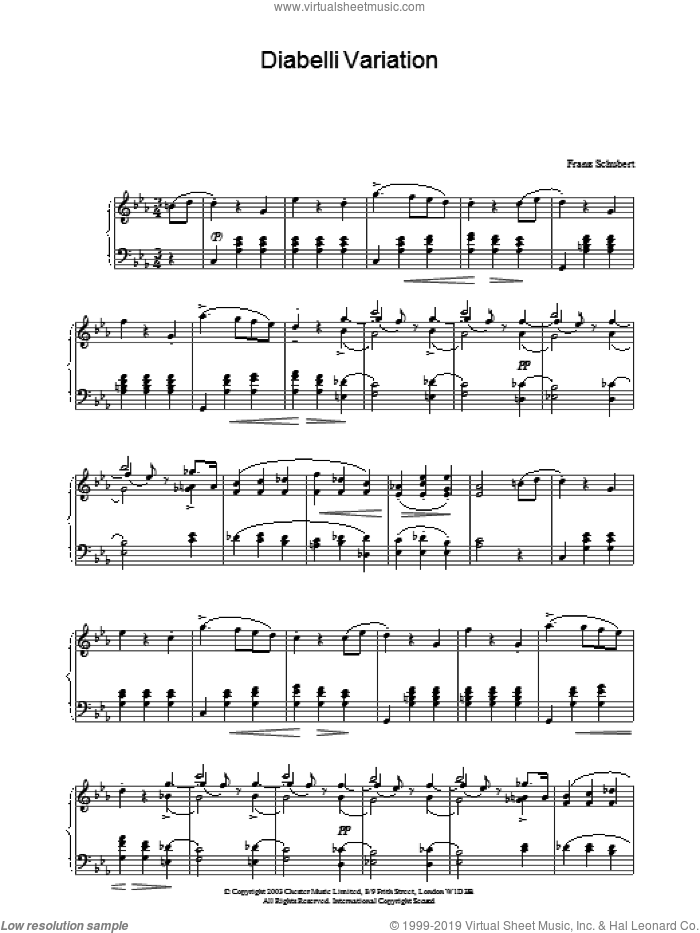 Diabelli Variation sheet music for piano solo by Franz Schubert, classical score, intermediate skill level