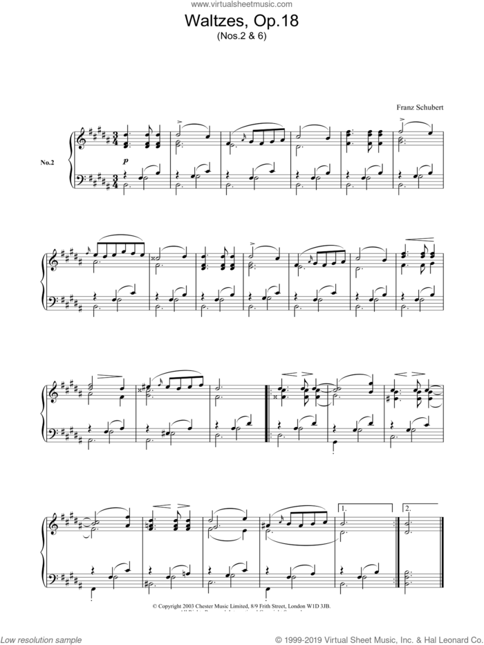Waltzes, Op.18 sheet music for piano solo by Franz Schubert, classical score, intermediate skill level