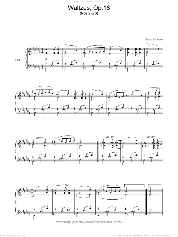 Waltzes, Op.18 sheet music for piano solo by Franz Schubert, classical score, intermediate skill level