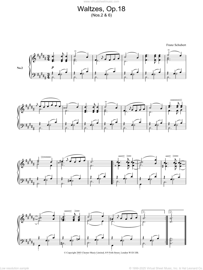 Waltzes, Op.18 sheet music for piano solo by Franz Schubert, classical score, intermediate skill level