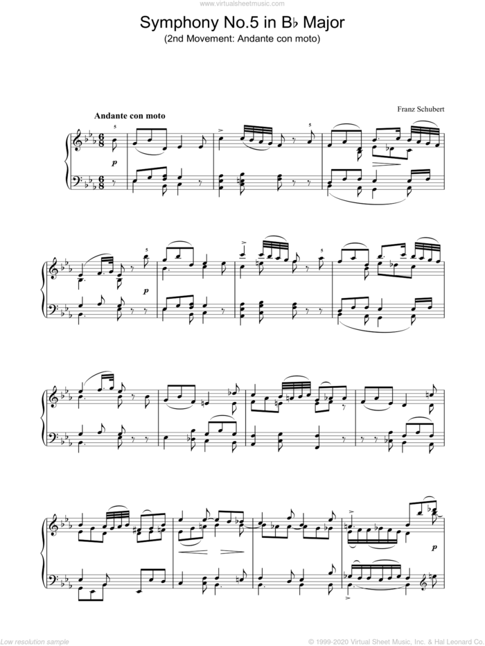 Symphony No.5 in Bb Major - 2nd Movement: Andante con moto sheet music for piano solo by Franz Schubert, classical score, intermediate skill level