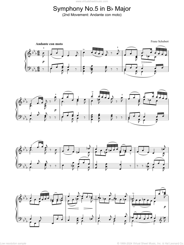 Symphony No.5 in Bb Major - 2nd Movement: Andante con moto sheet music for piano solo by Franz Schubert, classical score, intermediate skill level