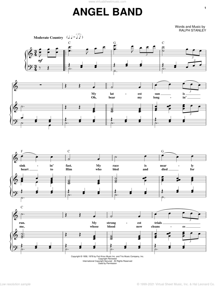 Angel Band sheet music for voice and piano by The Stanley Brothers, O Brother, Where Art Thou? (Movie) and Ralph Stanley, intermediate skill level