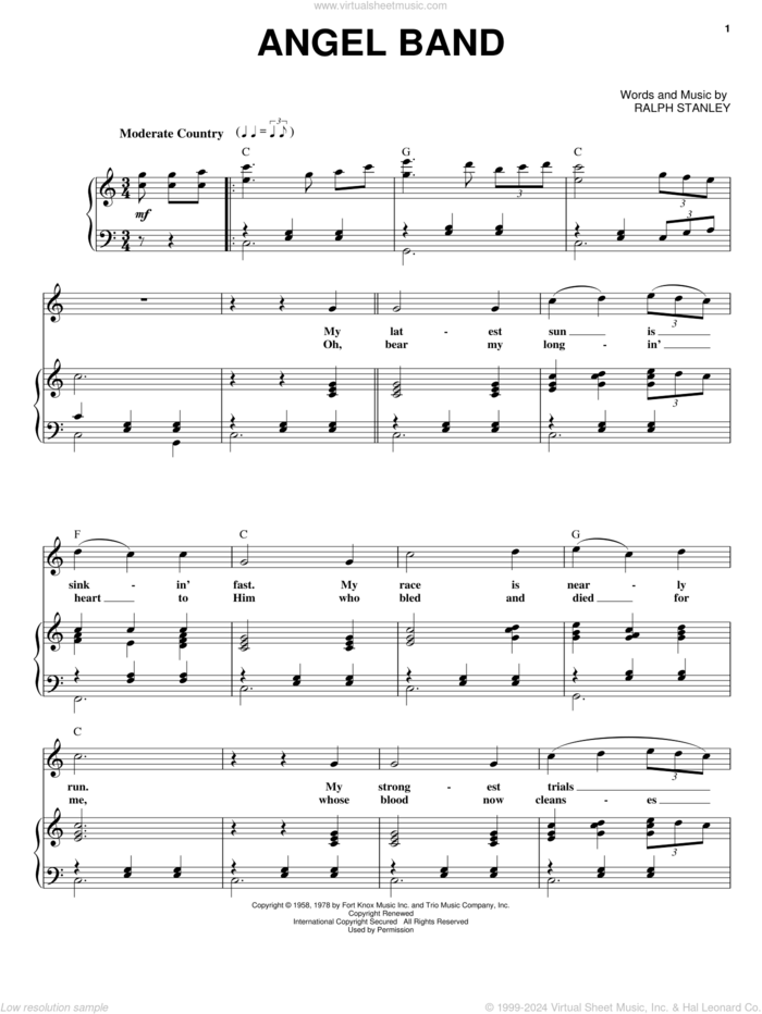 Angel Band sheet music for voice and piano by The Stanley Brothers, O Brother, Where Art Thou? (Movie) and Ralph Stanley, intermediate skill level