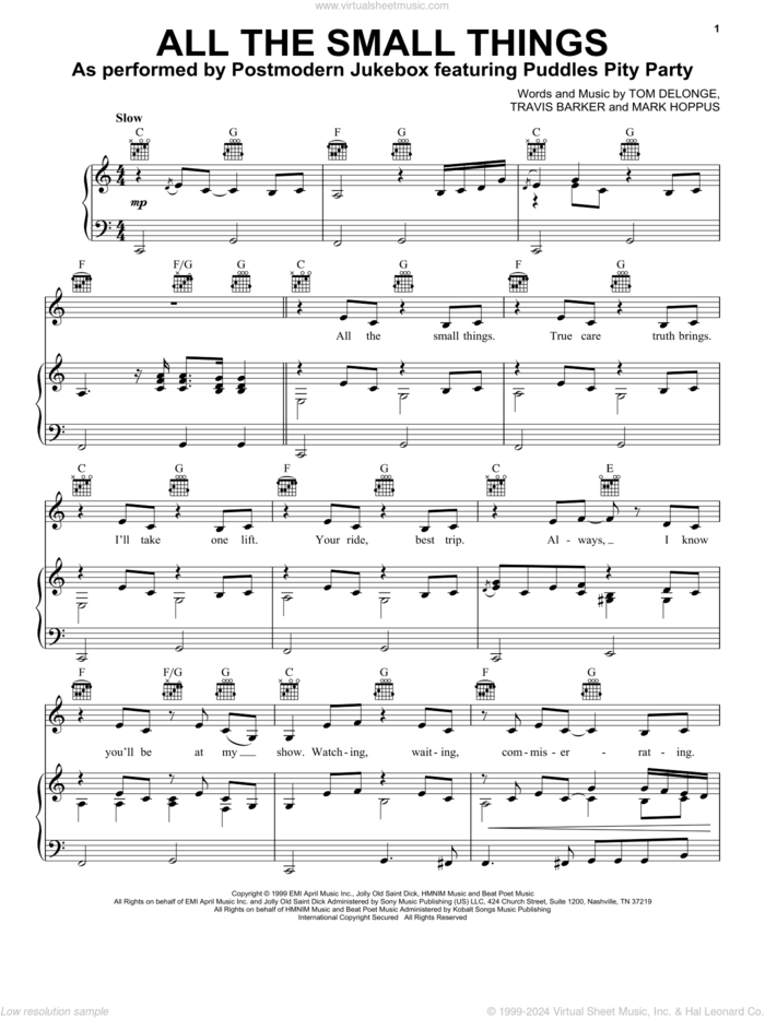 All The Small Things (John Lewis 2022) sheet music for voice, piano or guitar by Postmodern Jukebox ft. Puddles Pity Party, Blink 182, Mark Hoppus, Tom DeLonge and Travis Barker, intermediate skill level