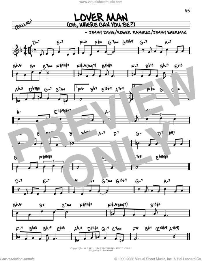 Lover Man (Oh, Where Can You Be?) (arr. David Hazeltine) sheet music for voice and other instruments (real book) by Billie Holiday, David Hazeltine, Jimmie Davis, Jimmy Sherman and Roger Ramirez, intermediate skill level