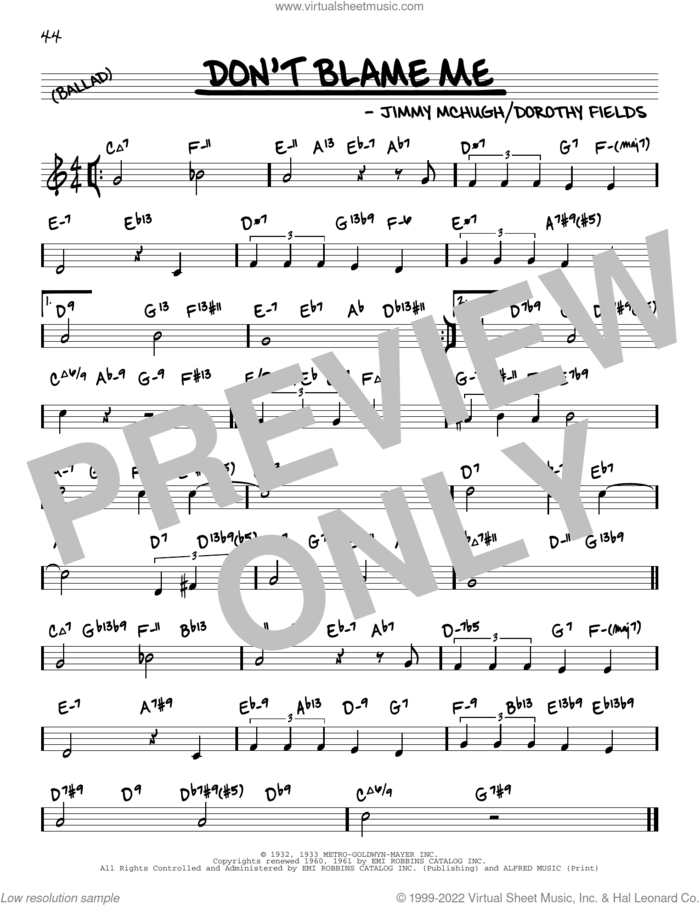 Don't Blame Me (arr. David Hazeltine) sheet music for voice and other instruments (real book) by Dorothy Fields, David Hazeltine and Jimmy McHugh, intermediate skill level