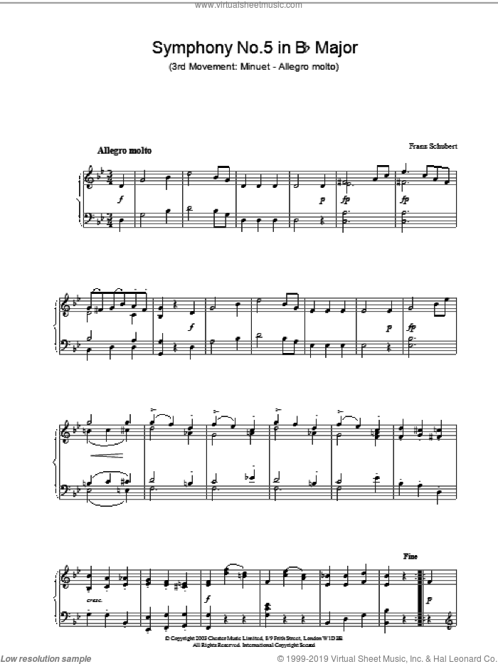 Symphony No.5 in Bb Major - 3rd Movement: Minuet - Allegro molto sheet music for piano solo by Franz Schubert, classical score, intermediate skill level