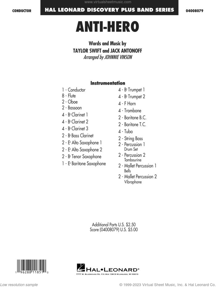 Anti-Hero (arr. Johnnie Vinson) (COMPLETE) sheet music for concert band by Taylor Swift, Jack Antonoff and Johnnie Vinson, intermediate skill level