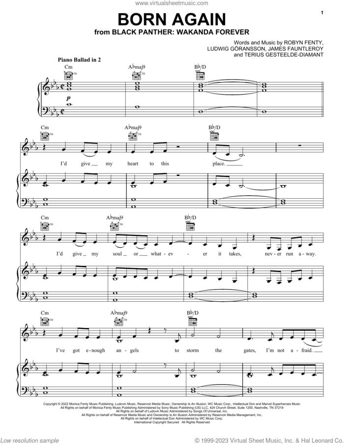 Born Again (from Black Panther: Wakanda Forever) sheet music for voice, piano or guitar by Rihanna, James Fauntleroy, Ludwig Goransson, Robyn Fenty and Terius Gesteelde-Diamant, intermediate skill level