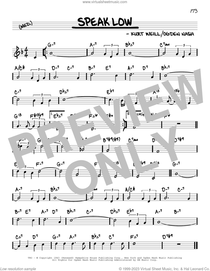 Speak Low (arr. David Hazeltine) sheet music for voice and other instruments (real book) by Kurt Weill, David Hazeltine and Ogden Nash, intermediate skill level