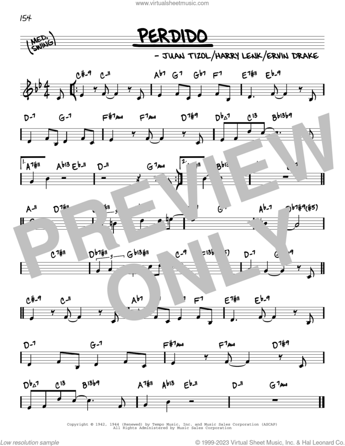 Perdido (arr. David Hazeltine) sheet music for voice and other instruments (real book) by Duke Ellington, David Hazeltine, Ervin Drake, Harry Lenk and Juan Tizol, intermediate skill level