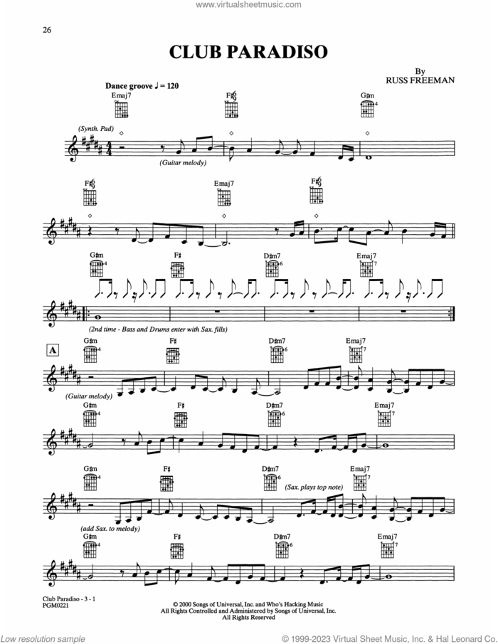 Club Paradiso sheet music for guitar solo by The Rippingtons and Russ Freeman, intermediate skill level