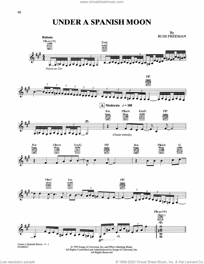Under A Spanish Moon sheet music for guitar solo by The Rippingtons and Russ Freeman, intermediate skill level