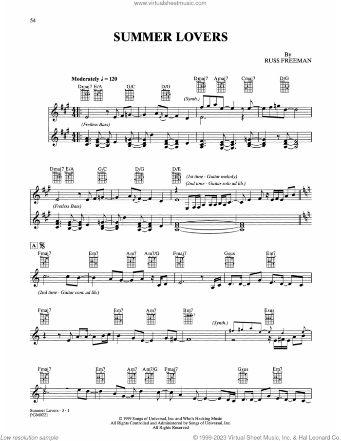 Summer Lovers sheet music for guitar solo by The Rippingtons and Russ Freeman, intermediate skill level