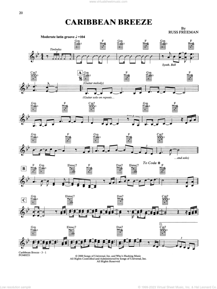 Caribbean Breeze sheet music for guitar solo by The Rippingtons and Russ Freeman, intermediate skill level