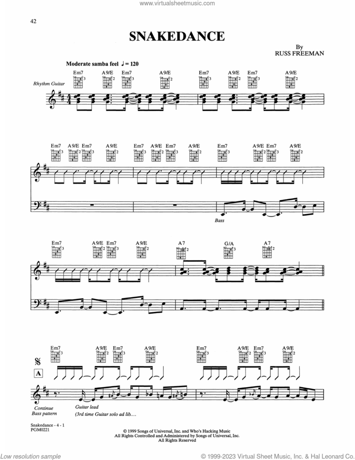 Snakedance sheet music for guitar solo by The Rippingtons and Russ Freeman, intermediate skill level