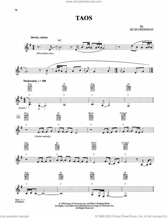 Taos sheet music for guitar solo by The Rippingtons and Russ Freeman, intermediate skill level