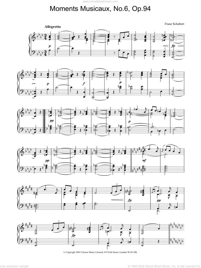 Moments Musicaux, No.6, Op.94 sheet music for piano solo by Franz Schubert, classical score, intermediate skill level