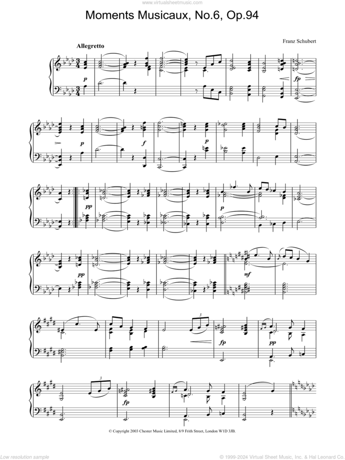 Moments Musicaux, No.6, Op.94 sheet music for piano solo by Franz Schubert, classical score, intermediate skill level