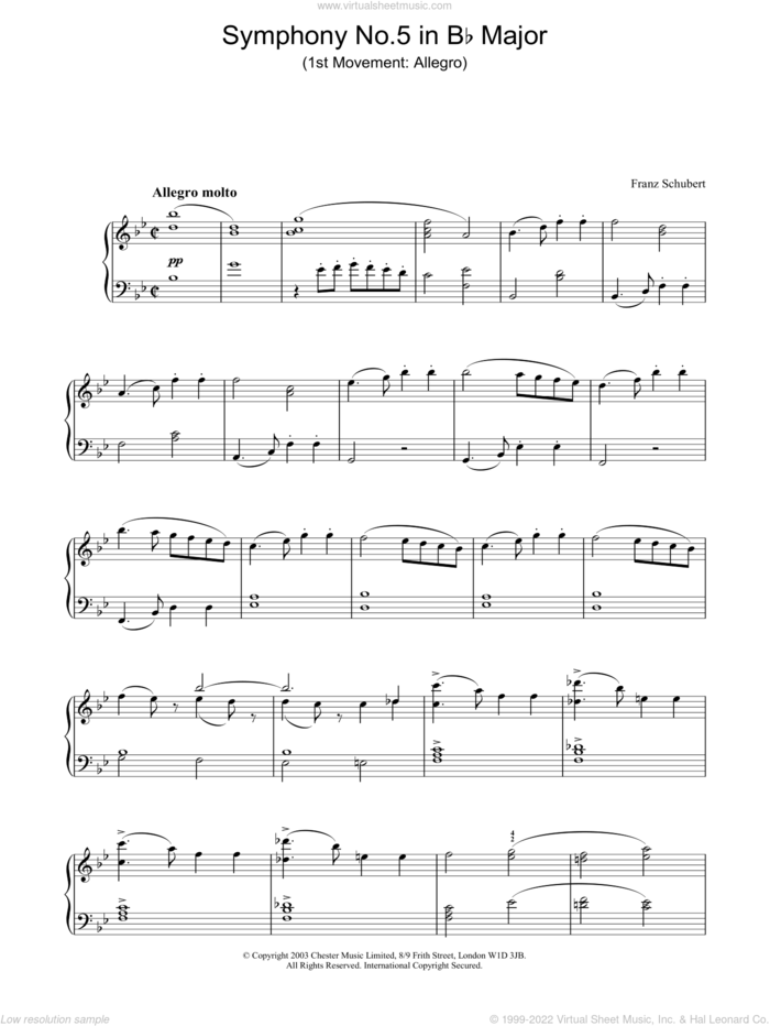 Symphony No.5 in Bb Major - 1st Movement: Allegro sheet music for piano solo by Franz Schubert, classical score, intermediate skill level