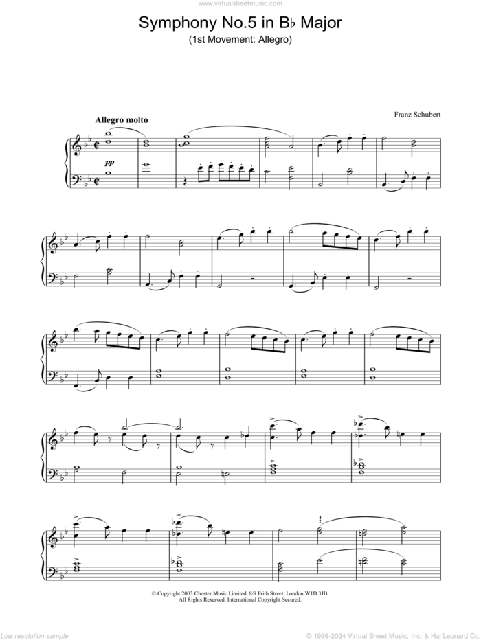 Symphony No.5 in Bb Major - 1st Movement: Allegro sheet music for piano solo by Franz Schubert, classical score, intermediate skill level