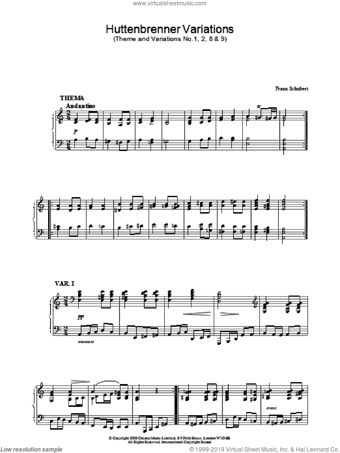 Huttenbrenner Variations sheet music for piano solo by Franz Schubert, classical score, intermediate skill level