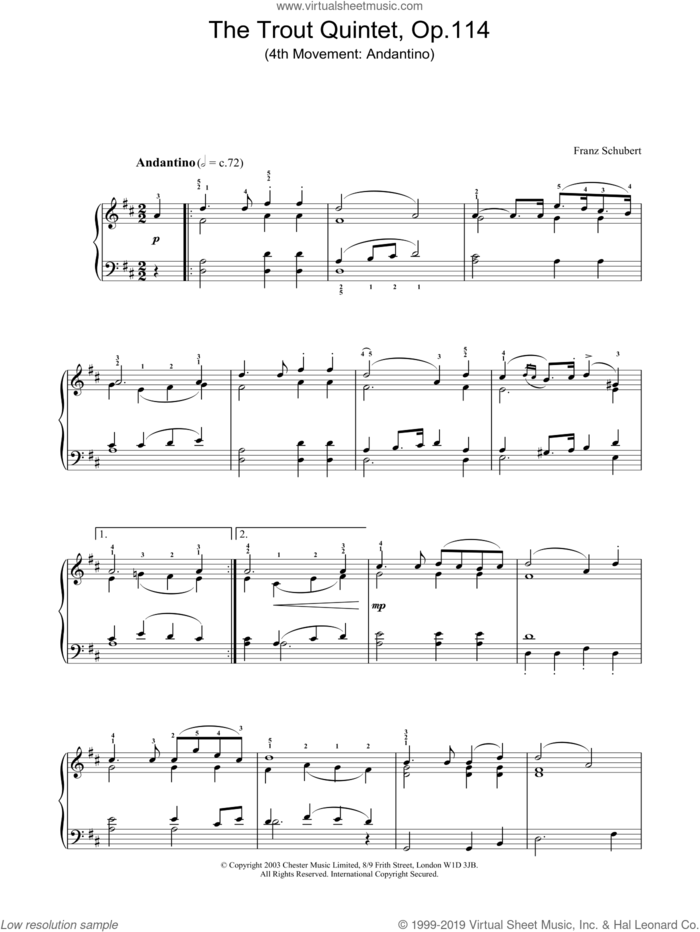 The Trout Quintet - 4th Movement: Andantino sheet music for piano solo by Franz Schubert, classical score, intermediate skill level
