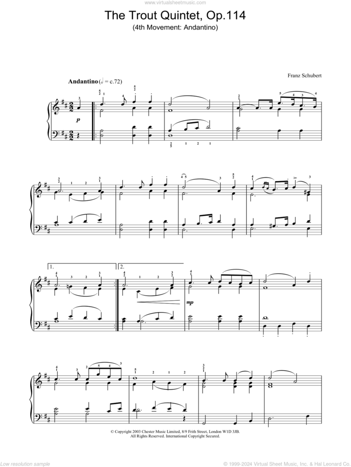 The Trout Quintet - 4th Movement: Andantino sheet music for piano solo by Franz Schubert, classical score, intermediate skill level